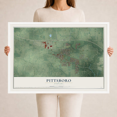 Map of Pittsboro, Indiana, 24 x 36 inch print in a white wood frame
