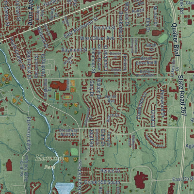 Close-up of the map of Plainfield, Indiana print showing street and building detail