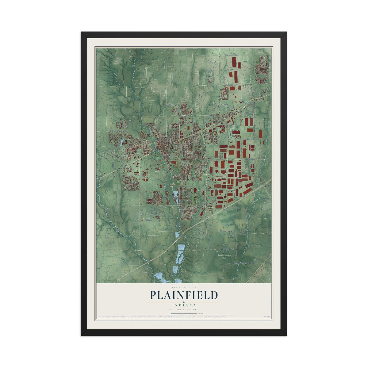 Map of Plainfield, Indiana, 12 x 18 inch print in a black wood frame