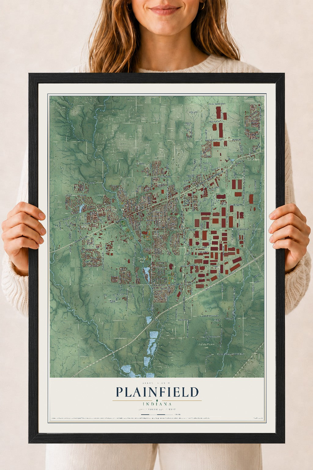Map of Plainfield, Indiana, 18 x 24 inch print in a black wood frame
