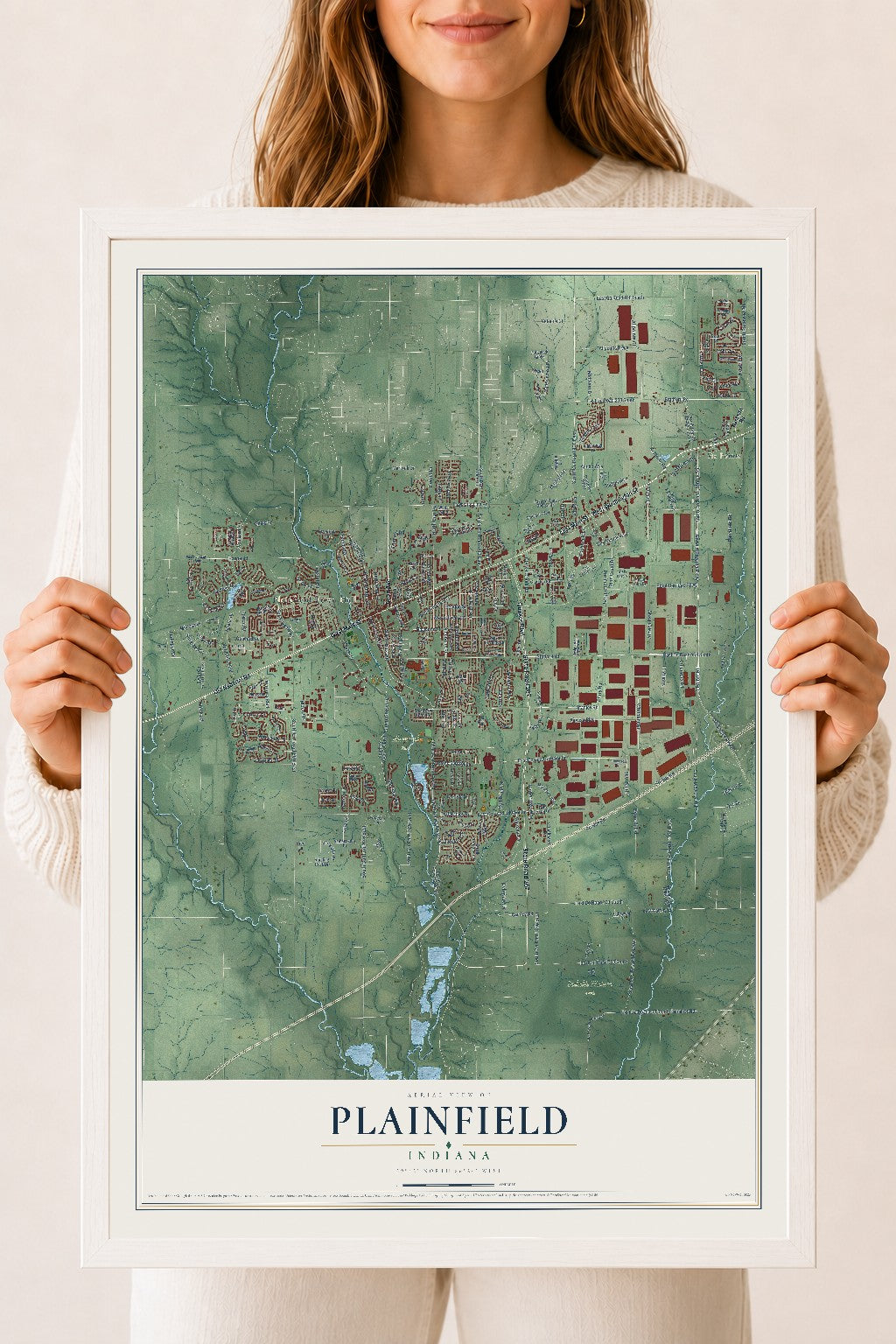 Map of Plainfield, Indiana, 18 x 24 inch print in a white wood frame