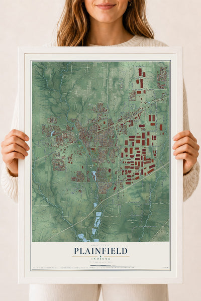 Map of Plainfield, Indiana, 18 x 24 inch print in a white wood frame