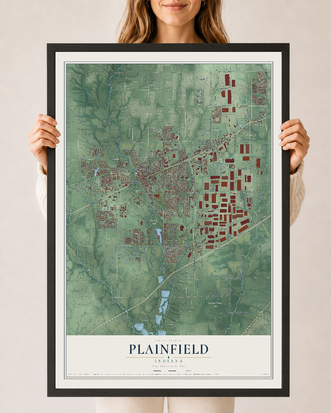 Map of Plainfield, Indiana, 24 x 36 inch print in a black wood frame