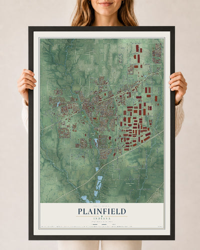 Map of Plainfield, Indiana, 24 x 36 inch print in a black wood frame