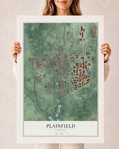 Map of Plainfield, Indiana, 24 x 36 inch print in a white wood frame