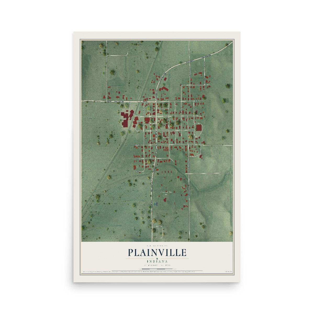 Map of Plainville, Indiana, 12 x 18 inch unframed archival matte print