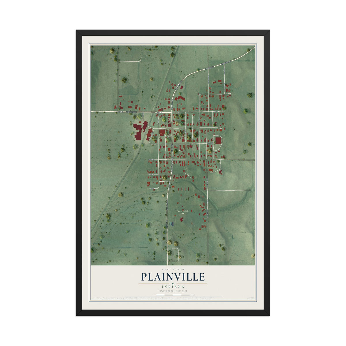 Map of Plainville, Indiana, 12 x 18 inch print in a black wood frame