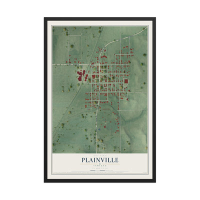 Map of Plainville, Indiana, 12 x 18 inch print in a black wood frame