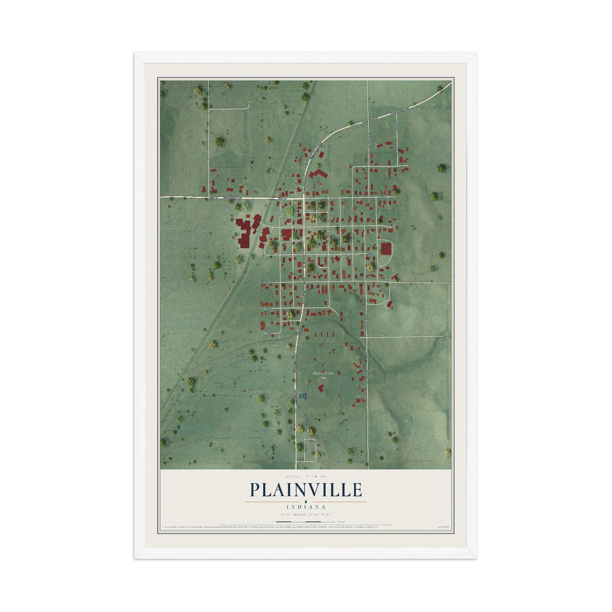 Map of Plainville, Indiana, 12 x 18 inch print in a white wood frame