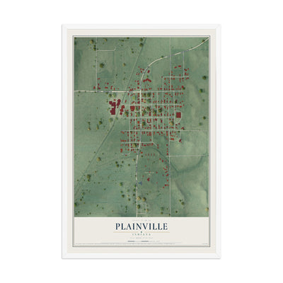 Map of Plainville, Indiana, 12 x 18 inch print in a white wood frame