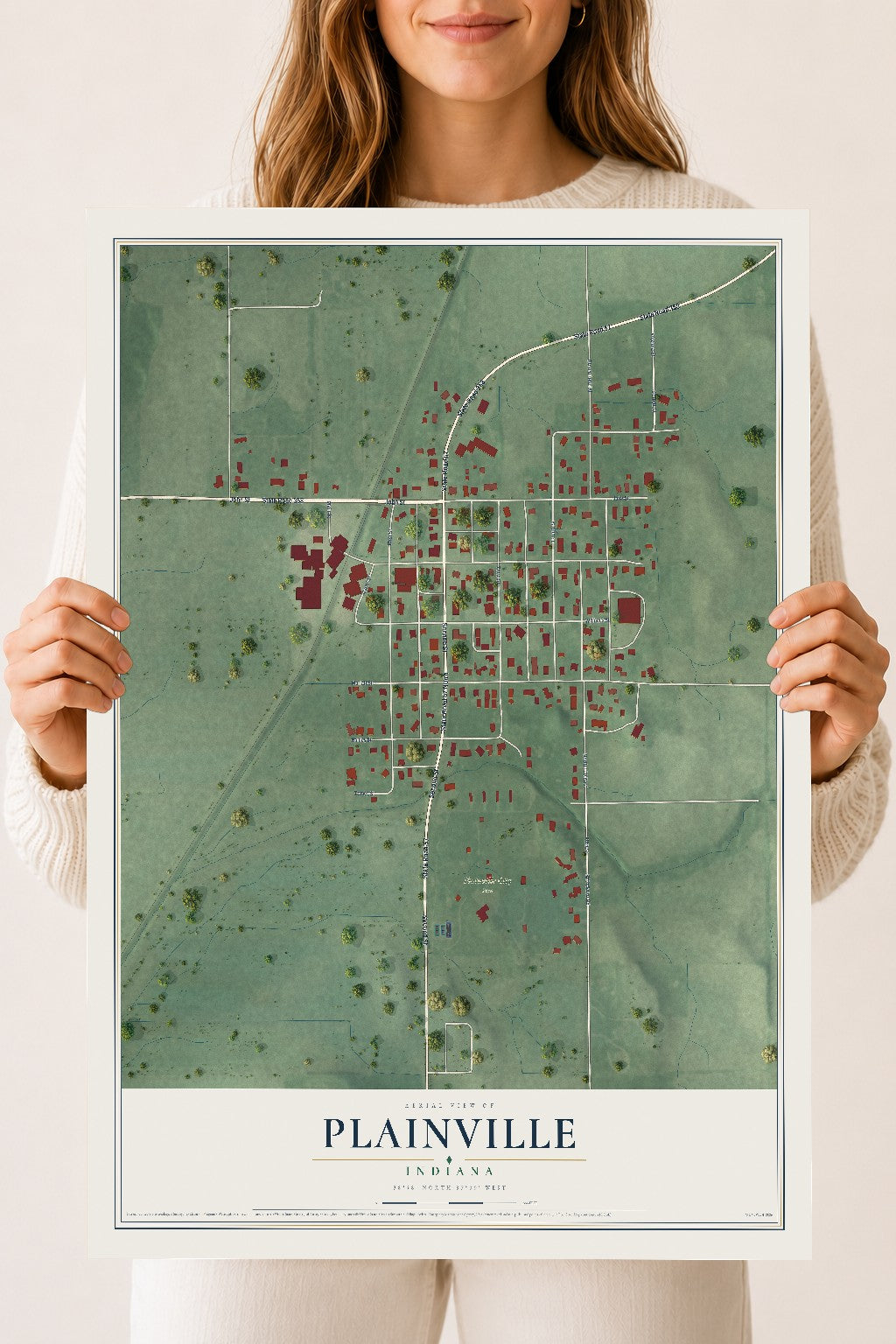Map of Plainville, Indiana, 18 x 24 inch unframed archival matte print