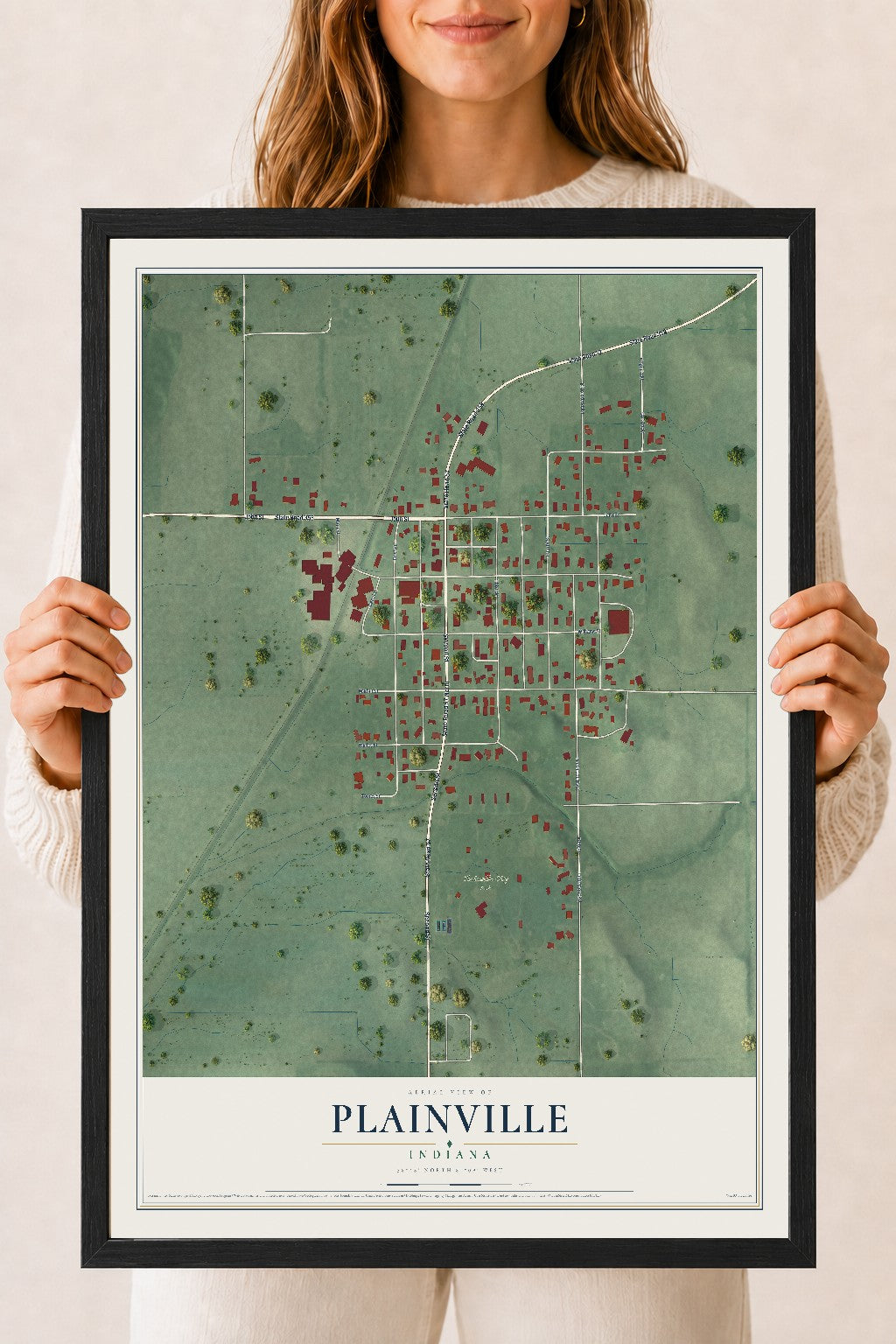 Map of Plainville, Indiana, 18 x 24 inch print in a black wood frame