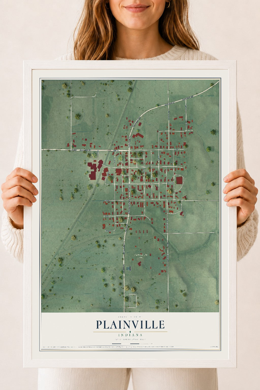 Map of Plainville, Indiana, 18 x 24 inch print in a white wood frame