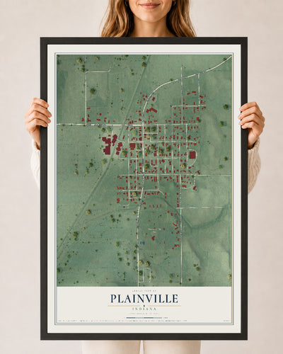 Map of Plainville, Indiana, 24 x 36 inch print in a black wood frame