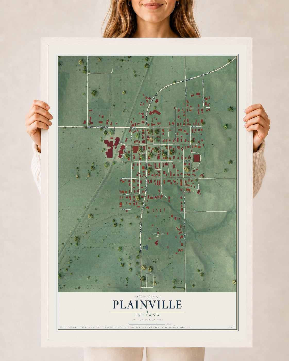 Map of Plainville, Indiana, 24 x 36 inch print in a white wood frame