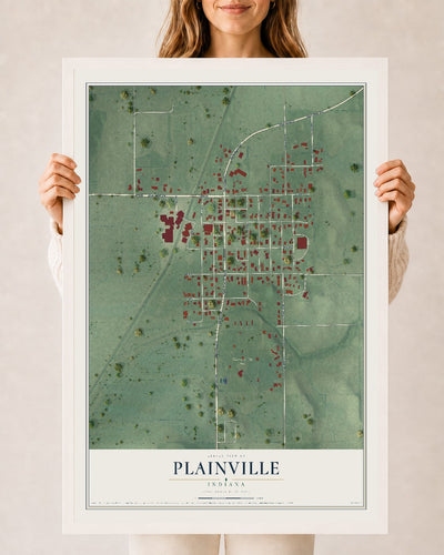 Map of Plainville, Indiana, 24 x 36 inch print in a white wood frame