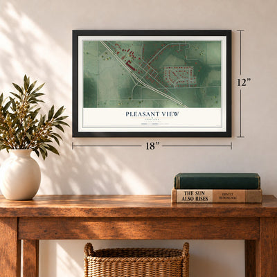 Pleasant View, Indiana map, 12 x 18 inch print in a black frame in an entryway