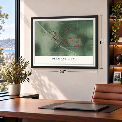 Pleasant View, Indiana map, 18 x 24 inch print in a black frame in a home office