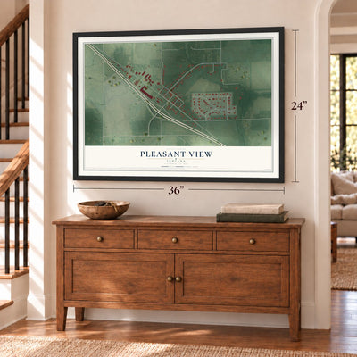 Pleasant View, Indiana map, 24 x 36 inch print in a black frame above a dresser by a staircase