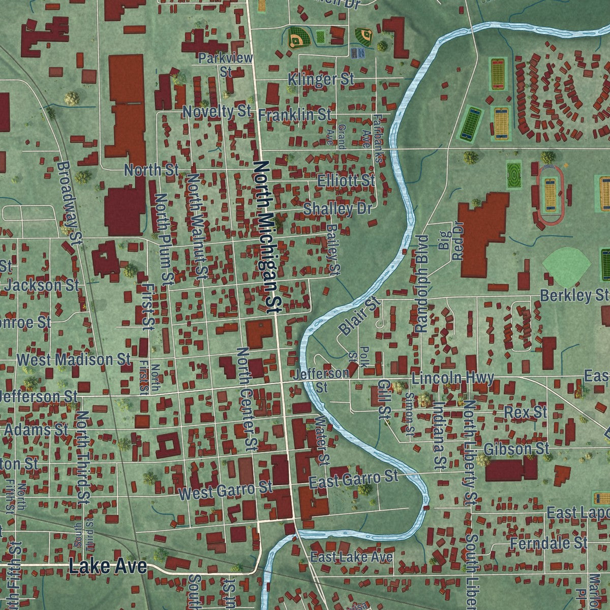 Close-up of the map of Plymouth, Indiana print showing street and building detail