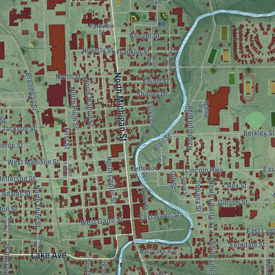 Close-up of the map of Plymouth, Indiana print showing street and building detail