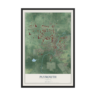 Map of Plymouth, Indiana, 12 x 18 inch print in a black wood frame