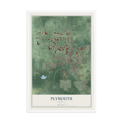 Map of Plymouth, Indiana, 12 x 18 inch print in a white wood frame