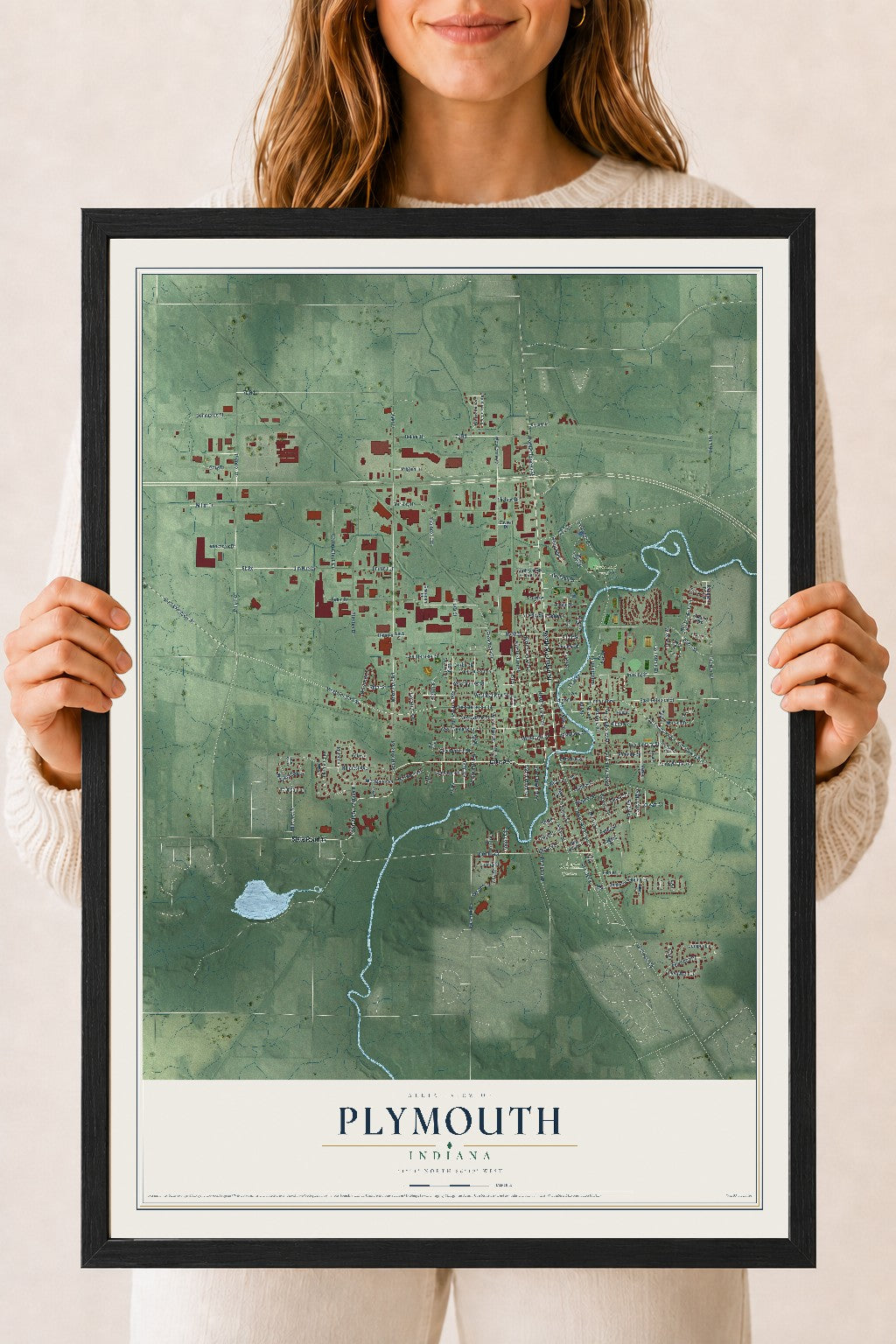 Map of Plymouth, Indiana, 18 x 24 inch print in a black wood frame