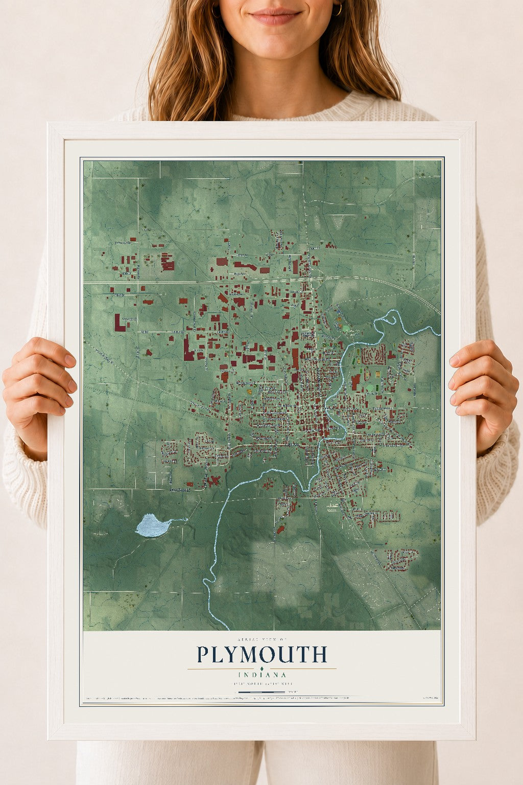Map of Plymouth, Indiana, 18 x 24 inch print in a white wood frame