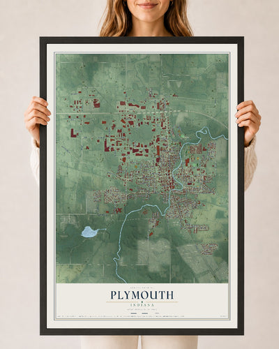 Map of Plymouth, Indiana, 24 x 36 inch print in a black wood frame