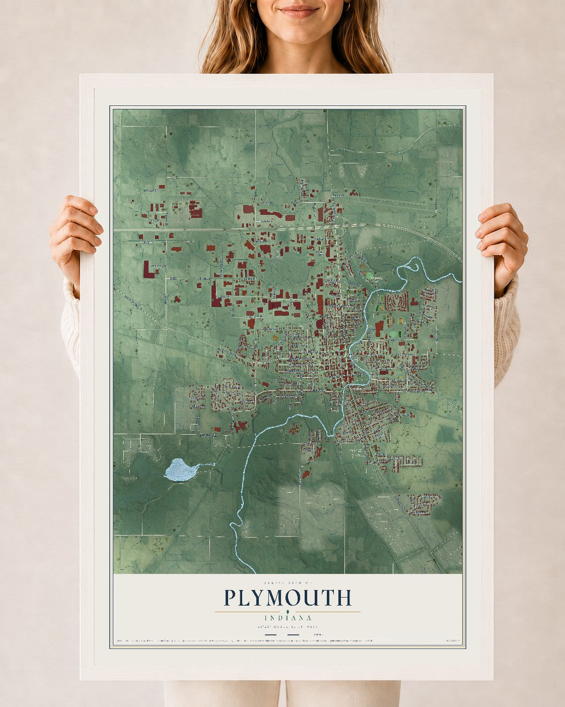 Map of Plymouth, Indiana, 24 x 36 inch print in a white wood frame