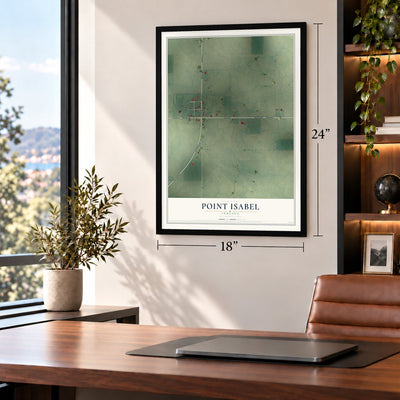 Point Isabel, Indiana map, 18 x 24 inch print in a black frame in a home office