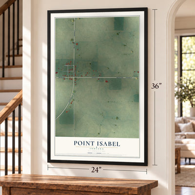Point Isabel, Indiana map, 24 x 36 inch print in a black frame by a staircase