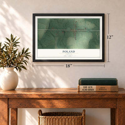 Poland, Indiana map, 12 x 18 inch print in a black frame in an entryway