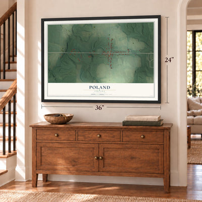 Poland, Indiana map, 24 x 36 inch print in a black frame above a dresser by a staircase