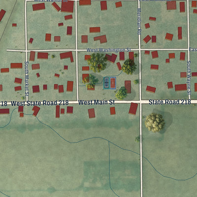 Close-up of the map of Poneto, Indiana print showing street and building detail