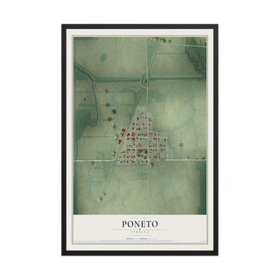Map of Poneto, Indiana, 12 x 18 inch print in a black wood frame