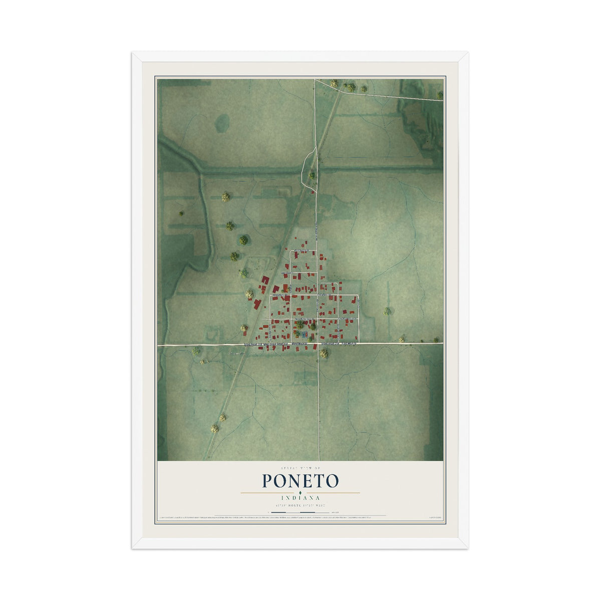Map of Poneto, Indiana, 12 x 18 inch print in a white wood frame
