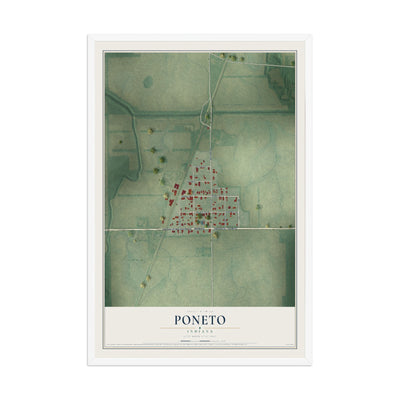 Map of Poneto, Indiana, 12 x 18 inch print in a white wood frame