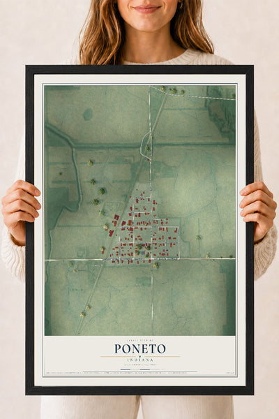 Map of Poneto, Indiana, 18 x 24 inch print in a black wood frame