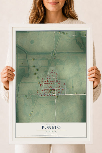 Map of Poneto, Indiana, 18 x 24 inch print in a white wood frame