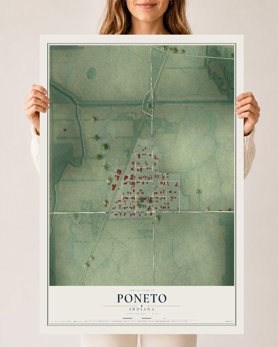Map of Poneto, Indiana, 24 x 36 inch unframed archival matte print