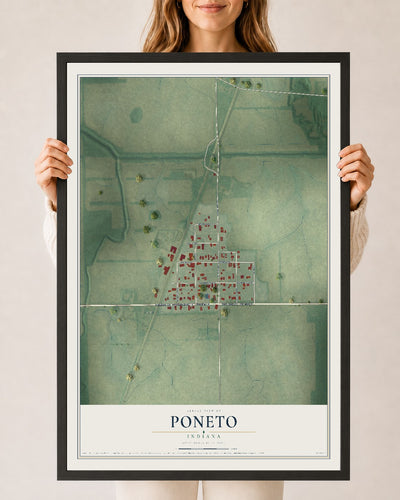 Map of Poneto, Indiana, 24 x 36 inch print in a black wood frame