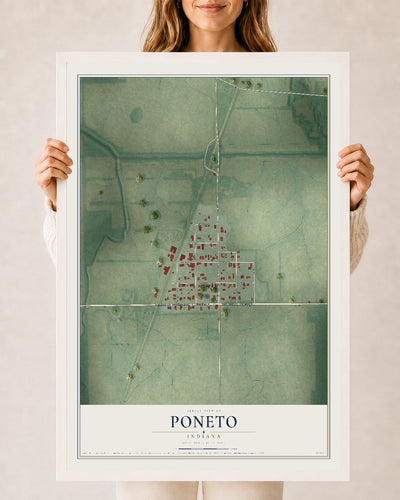 Map of Poneto, Indiana, 24 x 36 inch print in a white wood frame