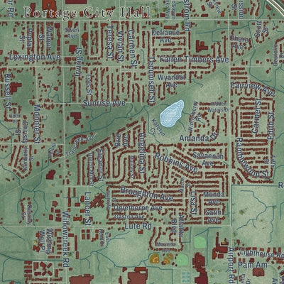 Close-up of the map of Portage, Indiana print showing street and building detail