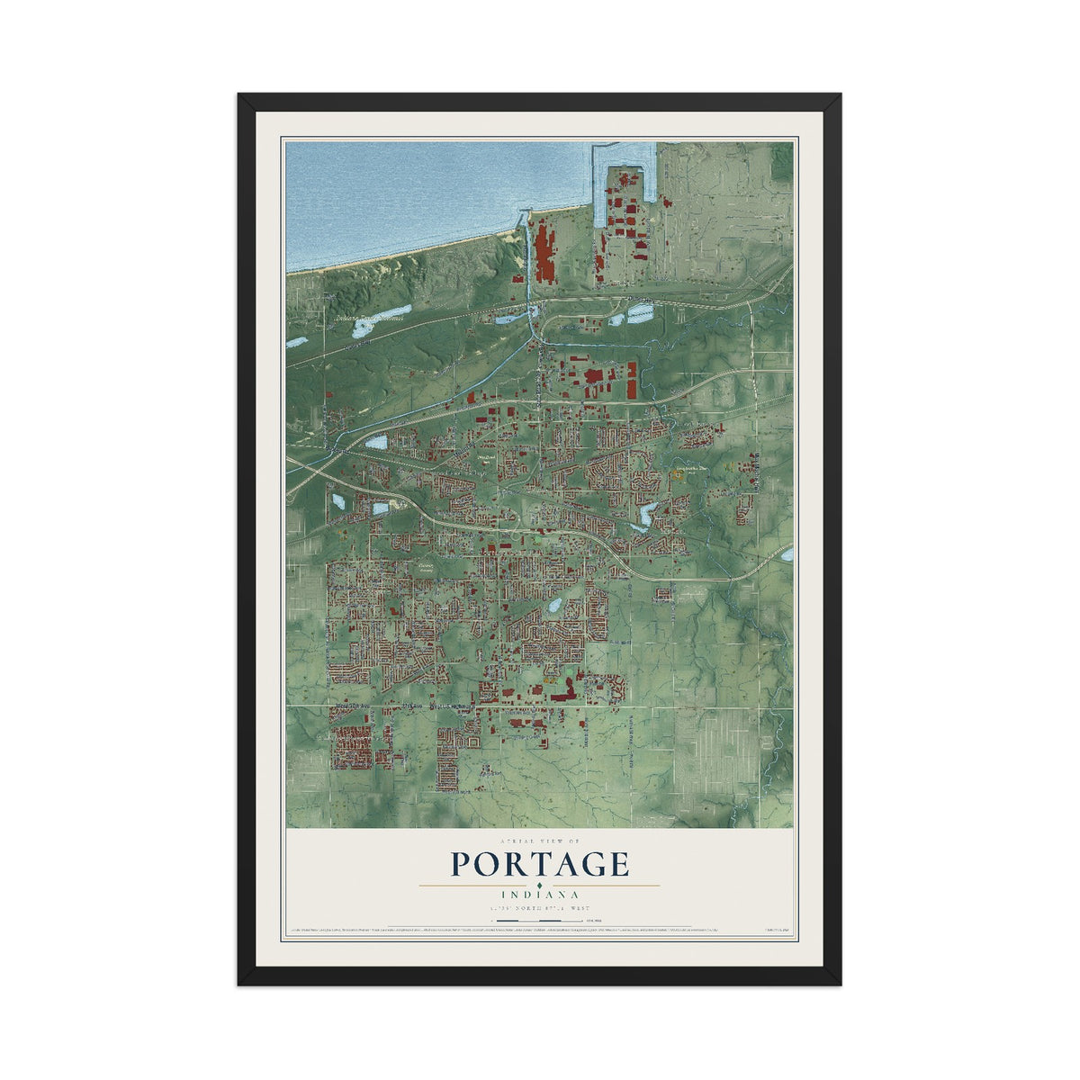 Map of Portage, Indiana, 12 x 18 inch print in a black wood frame