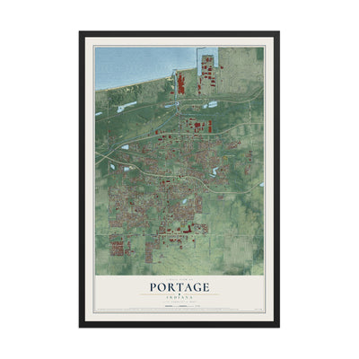 Map of Portage, Indiana, 12 x 18 inch print in a black wood frame