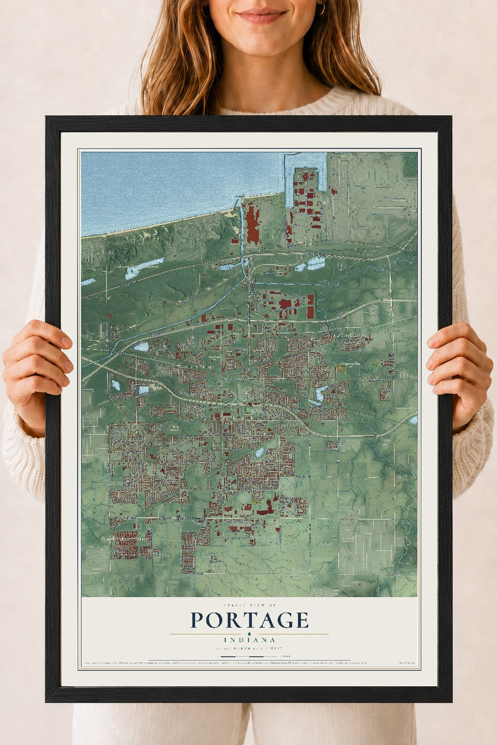 Map of Portage, Indiana, 18 x 24 inch print in a black wood frame