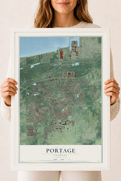 Map of Portage, Indiana, 18 x 24 inch print in a white wood frame