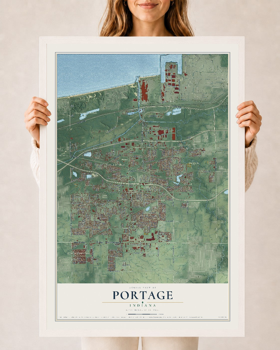 Map of Portage, Indiana, 24 x 36 inch print in a white wood frame